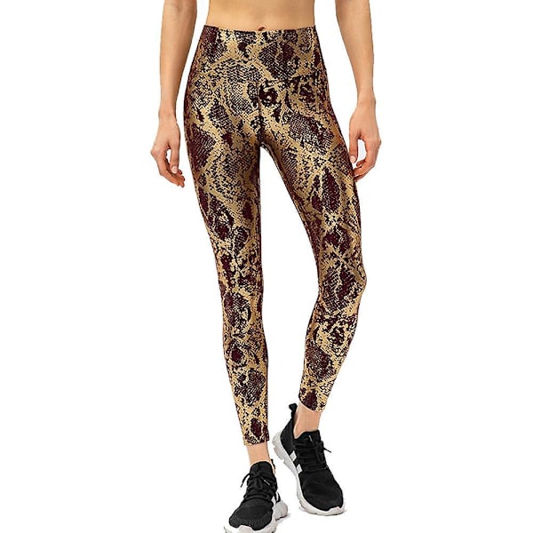 sysy kvinnors hög midja mönster Leggings full längd orm tryck yoga byxor - brun 12/XXL