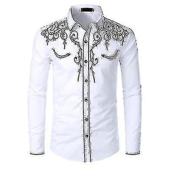 Western Cowboyskjorta för män Broderad långärmad Casual Slim Fit Button Down-skjorta white M