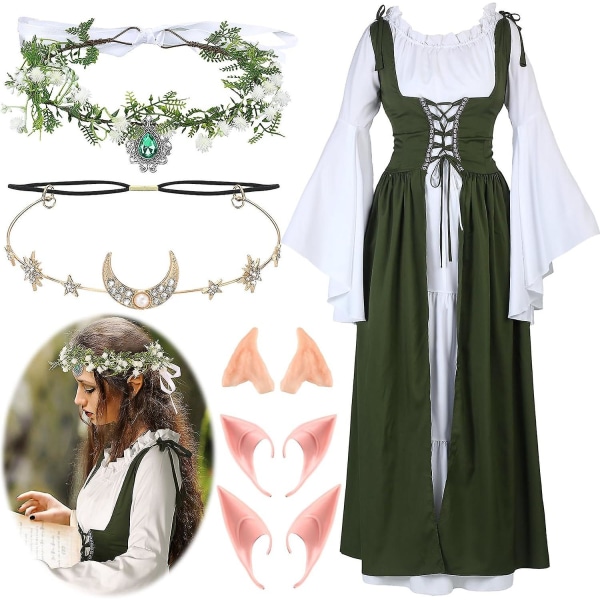 Kvinnor renässansklänning Medeltida dräkt Kvinnor med tomteöron, månhuvudkedja och skoglig fekrona för Halloween 2XL-3XL