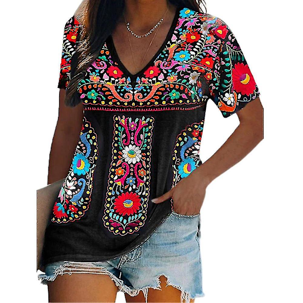 Kvinnor Boho blommig kortärmad V-ringad T-shirt Casual Tops Tee Black L