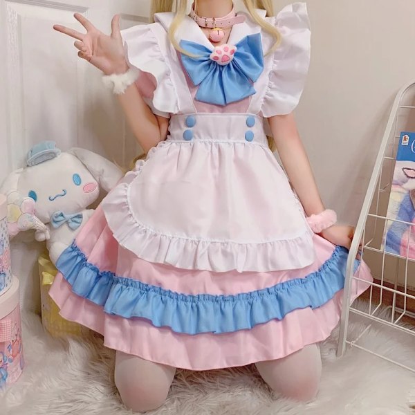 Plus Size Kawaii Klänning Cosplay Kostymer Skolflicka Piga Kläder Viktoriansk Klänning Anime Rosa Japansk Gotisk Lolita Kläder M Pink maid headdress