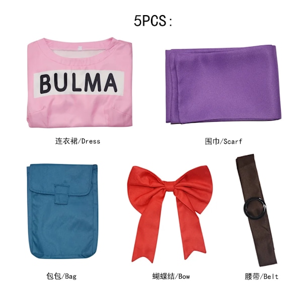 Anime Bulma Cosplay Kostym Rosa Klänning Uniform Kawaii Flickor Full Set Outfits Halloween Karneval Maskeradfest för Vuxna Kvinnor XL Costume
