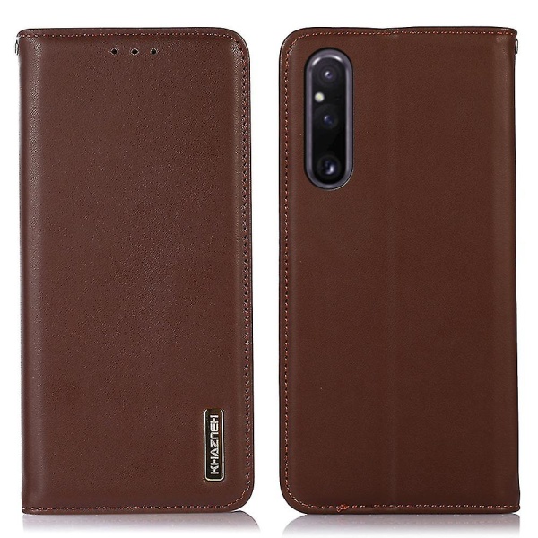 Khazneh för Sony Xperia 1 V Rfid Blocking Plånbok Phone case Äkta kohud Läderställ Cover Brown