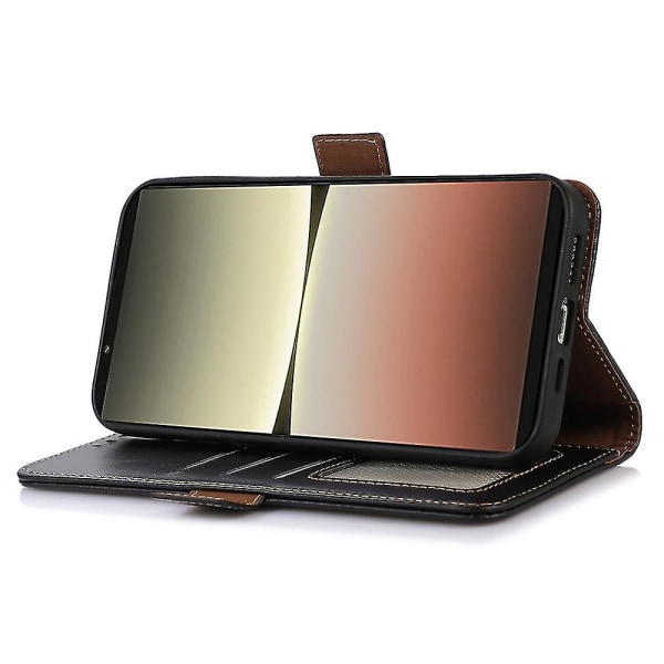 Timubike phone case i äkta kohud för Sony Xperia 1 V Crazy Horse Texture Rfid Blockeringsställ Plånboksskal Black