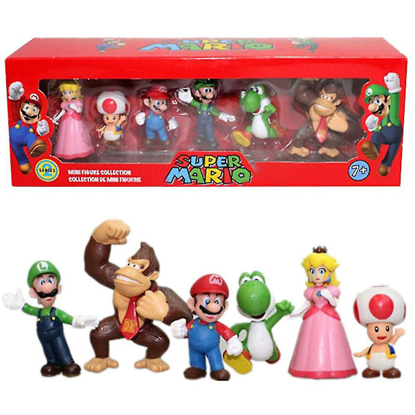 6st Super Mario Bros Actionfigurer Prydnad Dekor Persika Padda Mario Luigi Yoshi Åsna Modell Dockleksak Jul Födelsedagspresent A