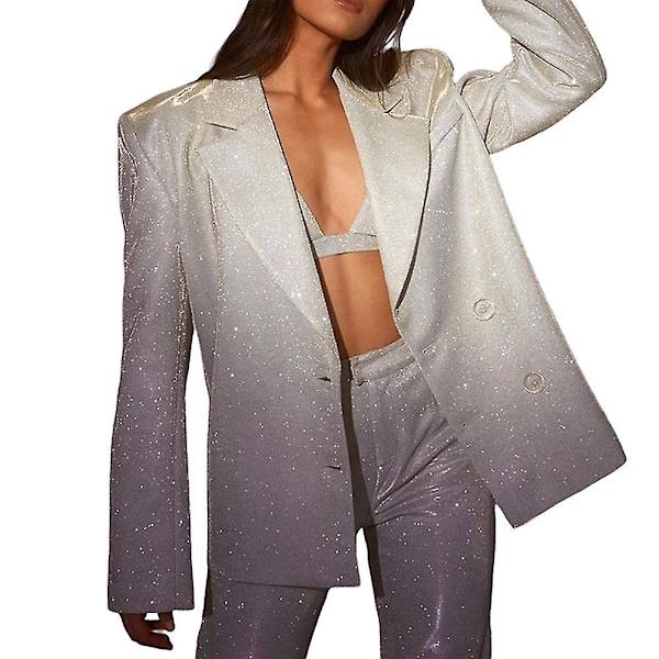 Paljett Silver Blazer Kavaj Kort Topp Enfärgad Kostym För Kvinnor - Mode/casual Bodycon Vacker Vår/sommar Kläder Silver M
