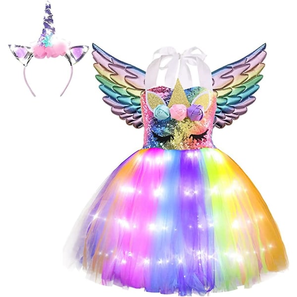 Enhörningsdräkt för flickor Led Light Up Tutu Dress Up Födelsedagspresenter Prinsessklänning till Halloweenfest White Led-rainbow Sequins 8-9 Years