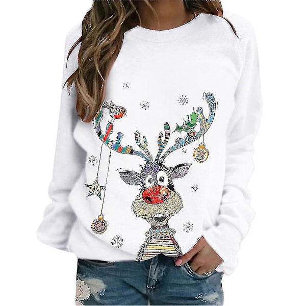 Jul Kvinnor Print Långärmad T-shirt Xmas Lös Pullover Toppar Blus White M