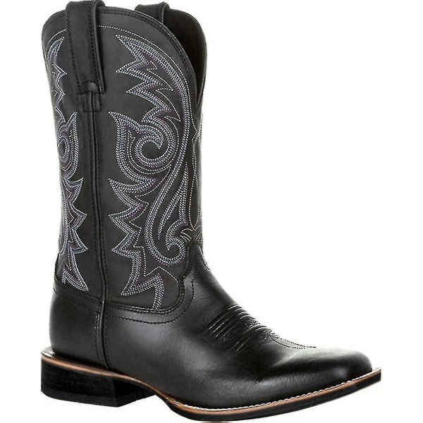 Cowboy Boots Män Wide Classic Vintage Mid Calf Western Boots Broderi Spetsig Tå Block Heel Slip-on Unisex Brown 48