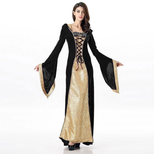 Bästsäljare kvinnors medeltidsklänning viktoriansk dräkt renässans långa klänningskostymer Black 2XL