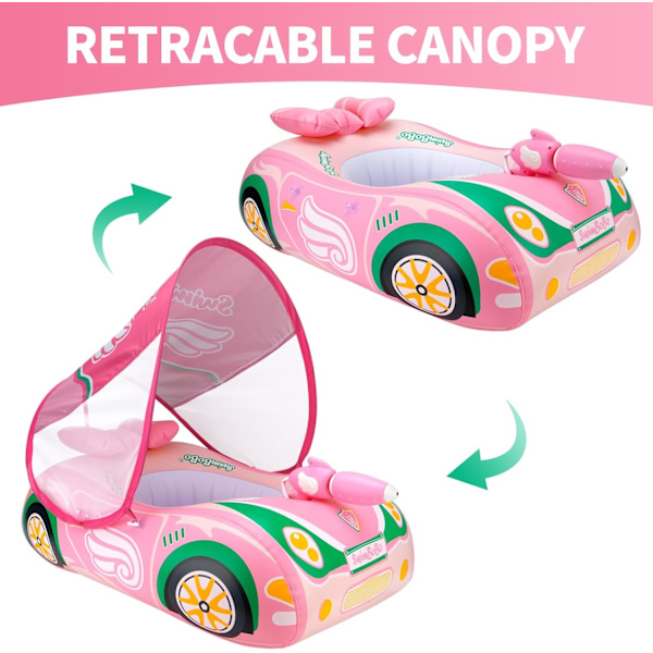 Swimbobo Toddler Uppblåsbar bil Baby med justerbart soltak och säkerhetssits Poolleksaker för barn Pink Green Car