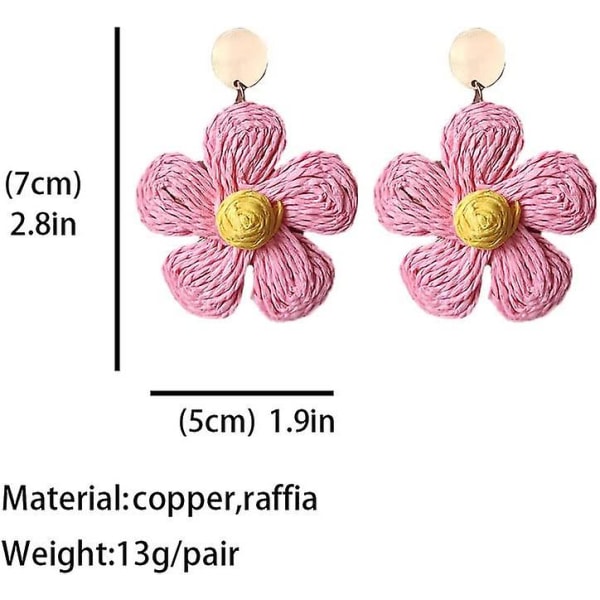 Bohemian Woven Straw Wicker Raffia Rotting Dingle Örhängen Geometriska Circle Round Drop Earrings pink flower