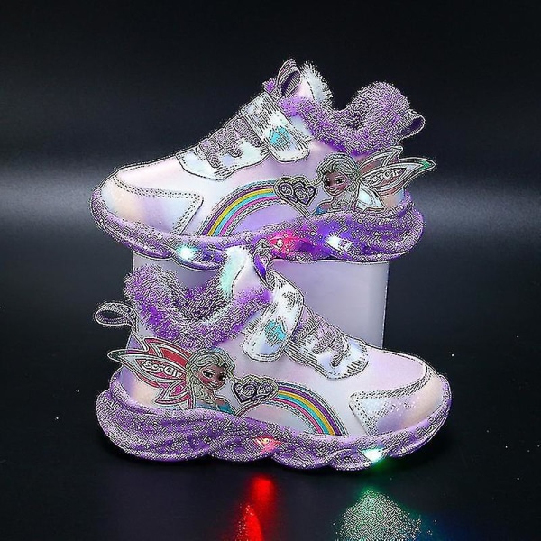 Flickor Led Casual Sneakers Elsa Princess Print Utomhusskor Barn Ljus-up Halkfria Skor För Vår Och Vinter-yzy Purple T 32-insole 20cm