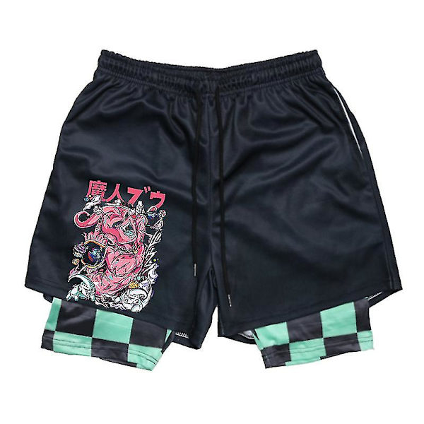 Anime Print 2 i 1 Gym Shorts för män, atletiska träningsshorts med foder, Bodybuilding Training Running Jogging Quick Dry Green 2 XXL