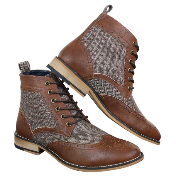 Herr Läder Tweed Herringbone Ankel Boots Skor Sherlock Vintage Classic Brown 7