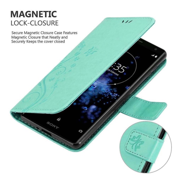 Sony Xperia XZ2 Cover Case - med blommönster och stativfunktion och kortplats FLORAL TURQUOISE Xperia XZ2