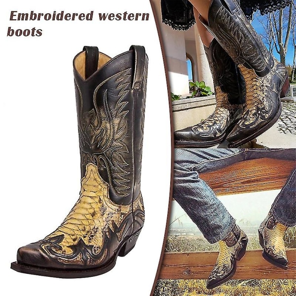 Python Western Boot Colorblock Broderi Män Stövlar Mode Moderna Skor 44