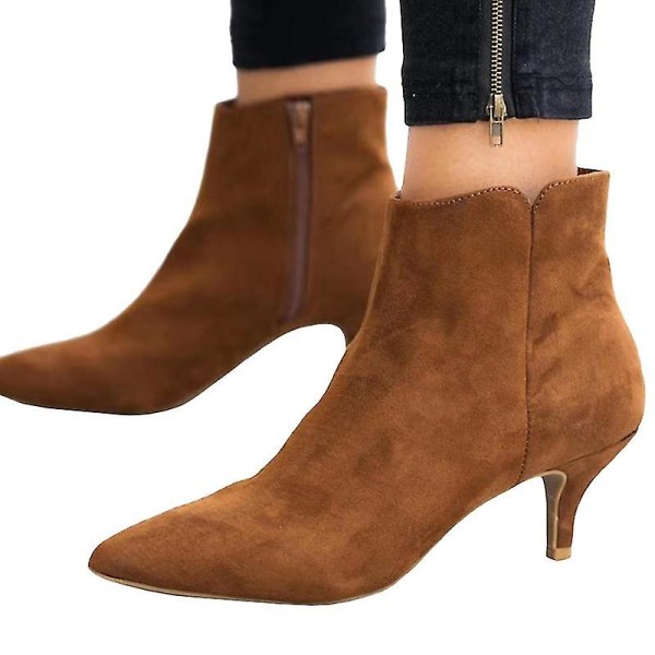 Kvinnor Kattunge Zip Låg klack Ankel Booties spetsig tå Korta stövlar Skor Coffee 36