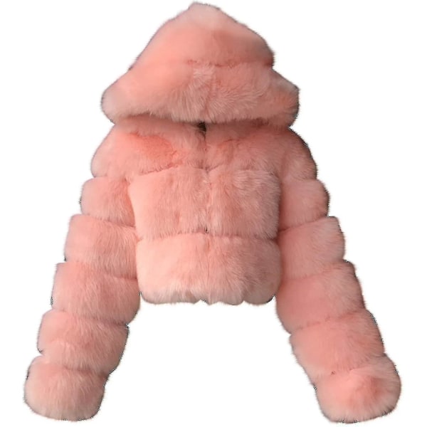 Fuskpälsrock Kvinnor Med Huva Beskurna Bubble Coats Fleece Korta Varma Jackor Plus Size Vinterjackor För Kvinnor Hög kvalitet Pink X-Large