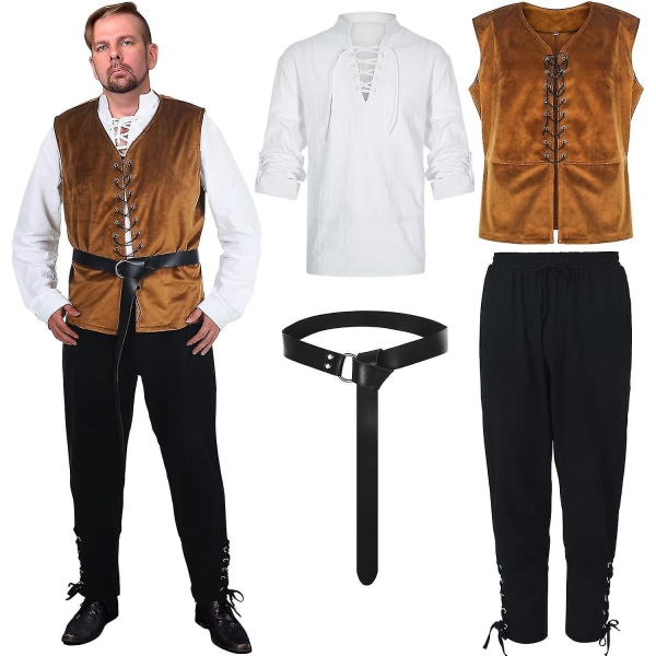 4 st Medeltida set för män Vuxen renässansoutfit Piratskjorta väst Vikingbyxor Bälte för Halloween Cosplay_fs XX-Large