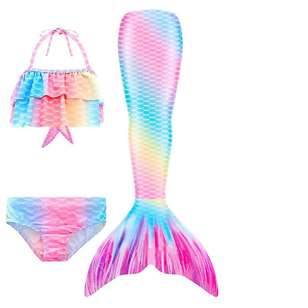 Sommarflicka sjöjungfru stjärt med monofin Halloween kostym prinsessa klänning baddräkt bikini badkläder för simning V 150cm(11-12T) 3PCS without fins21