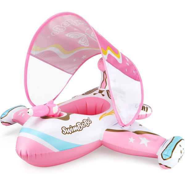 Swimbobo Toddler Uppblåsbar bil Baby med justerbart soltak och säkerhetssits Poolleksaker för barn Pink Airplane