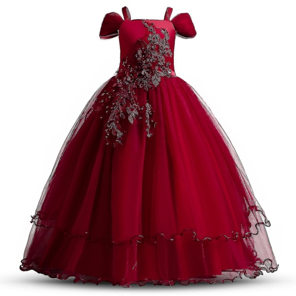 Barn Bröllopsklänningar För Flickor Elegant Blomma Prinsessa Lång Klänning Baby Flickor Julklänning Vestidos Infantil Storlek 6 12 14 År D_ia Deep red 11-12T