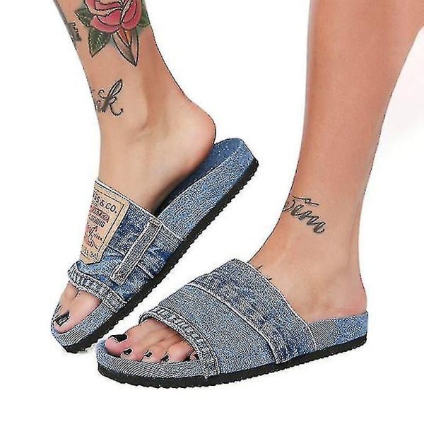 Snygga denimslides för kvinnor Handgjorda denim-slip-on tofflor av återvunna jeans för - Snngv Blue 43