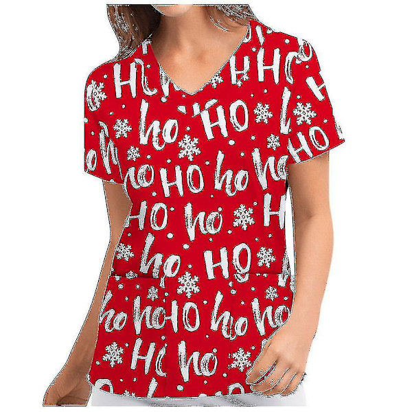 Jul Kvinnor Amningsuniform Scrub Kortärmad T-shirt Xmas Blus Tee Tops V-ringad Red M