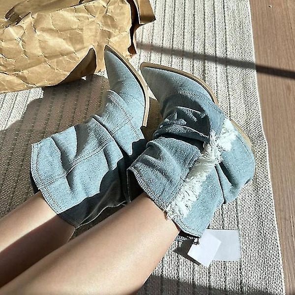 Veck Blå jeanslår höga stövlar för kvinnor 2023 Höst tjockklackade spetsiga tå Cowboystövlar Kvinna Slip On Western långa stövlar ankle boots 39