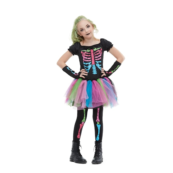 Halloween Regnbåge Skelett Flicka Klänning Färgglad Skalle Pojke Kostym Småbarn Funky Punky Ben Cosplay Outfit Karneval Fancy Kläder S Girl