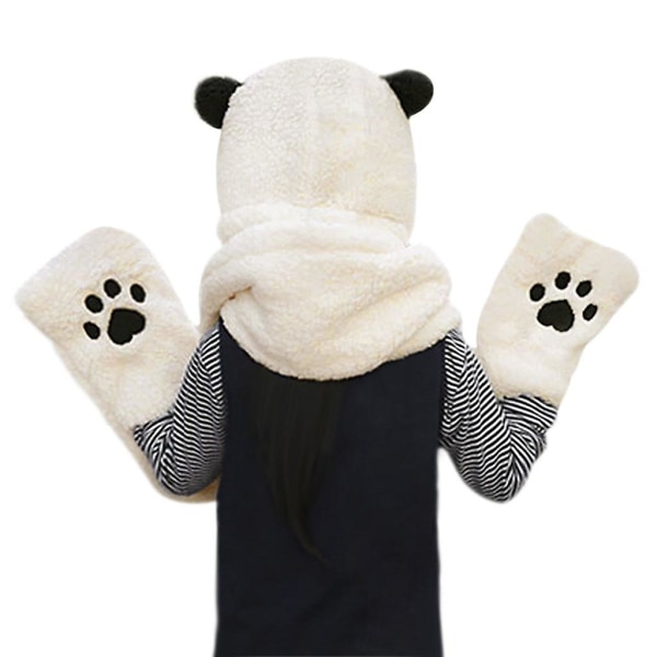 Kvinnor Flickor Söt Panda djur Vinterhattar 3 i 1 varm plysch luvtröja Cap Tasshandskar Vante Scarf Set