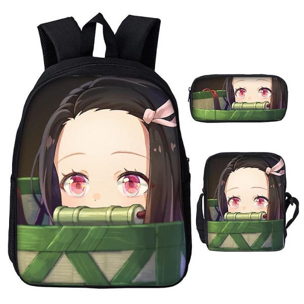 3st/ set Japan Anime Demon Slayer Studenter Pojkar Flickor Skolväska Ryggsäck Barn Tonåring Tecknad Oxford Vattentät skolväska Purple 19 inches