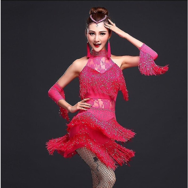 Nya latinska dansdräkter Dam Salsa Danskläder Dansdräkt Klänningar Ballroom Tävlingsklänningar Tango Vuxen Fringe Guld Paljett Hot Pink XL