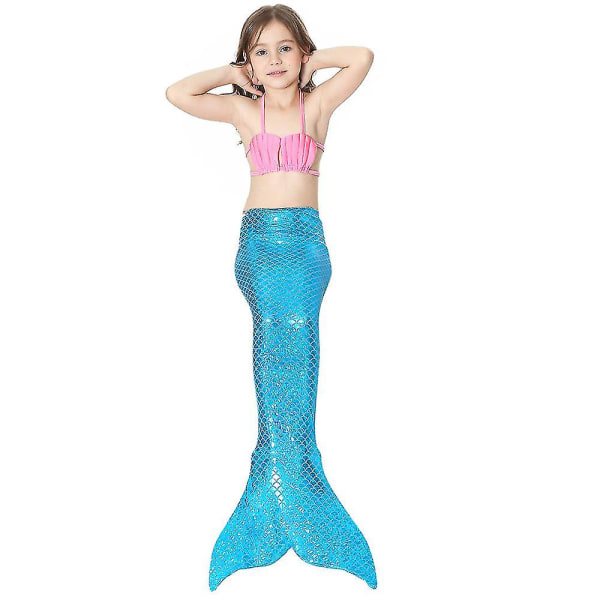 3 st Barn Flickor Bikini Halter Neck Toppar Brief Set Mermaid Tail Baddräkt Badkläder Blue 6-7 Years