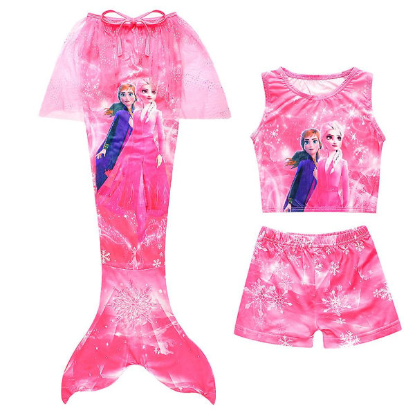 Frozen Elsa Anna flickbaddräkt Tyllkjol Mermaid Tail Bikini 4st set Badkläder Rose Red 5-6 Years