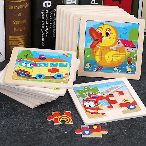 11x11cm Träpussel för barn Tecknad Djurtrafik Tangram Träpusselleksaker Pedagogiska sticksågsleksaker för barn Presenter C 9-duck