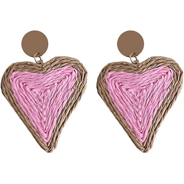 Bohemian Woven Straw Wicker Raffia Rotting Dingle Örhängen Geometriska Circle Round Drop Earrings pink heart