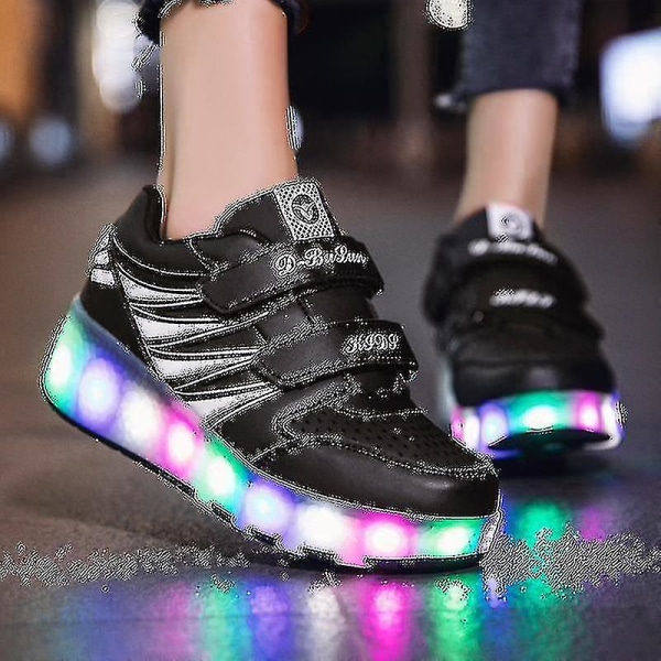 Baiming2022 Nya Led Light Up Roller Shoes Double Wheel USB Uppladdningsbara skridskoskor Black 29