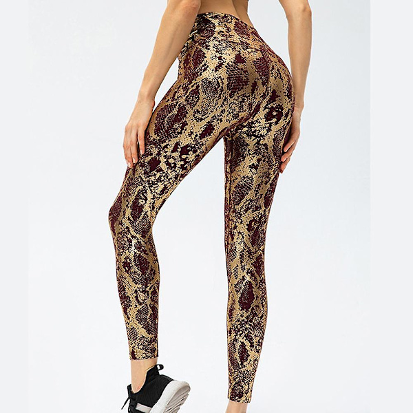 sysy kvinnors hög midja mönster Leggings full längd orm tryck yoga byxor - brun 12/XXL