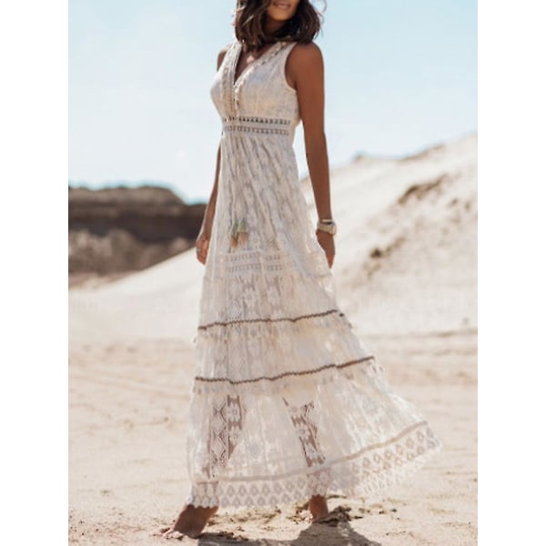 Sommar Boho Långa Klänningar Kvinnor Spets V-hals Spaghetti Rem Klänning Dam Off Shoulder Strandklänning Vit Klänning Vestidos De Mujer DHLYQ20 Beige XL