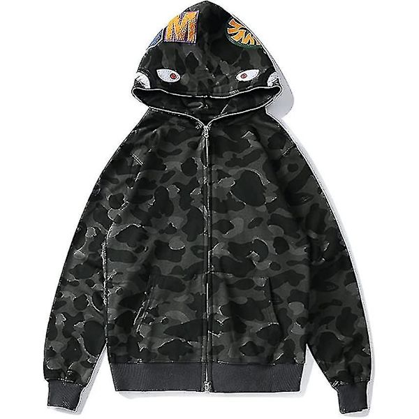 Shark Ape Bape Hoodie Camo Print Polyestertröja Casual Loose Zip Hoodie Jacka För Herr Dam black XL