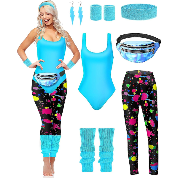 7 st 80-tals träningskostym 80- set 80-tals 90-tals Leotard Legging Pannband Armband Benvärmare Örhängen Fanny Pack Cute Neon Large