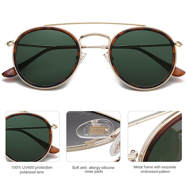 Retro Round Double Bridge Polarized Solglasögon För Kvinnor Män Twin Beams Circular Uv400 Sunnies
