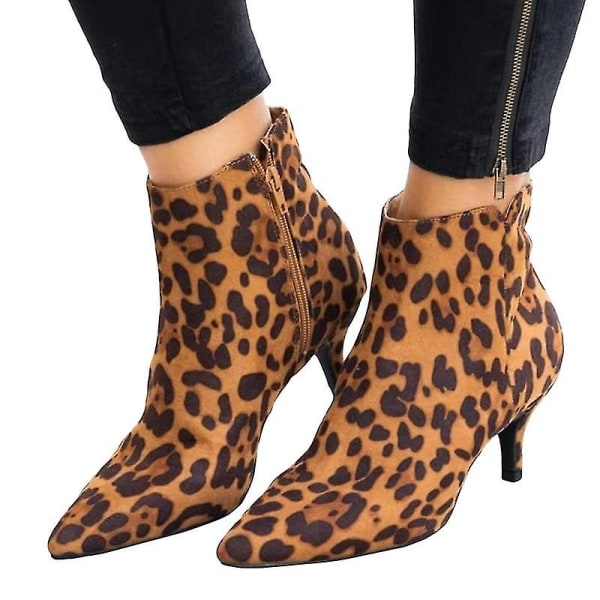 Kvinnor Kattunge Zip Låg klack Ankel Booties spetsig tå Korta stövlar Skor Leopard Print 41