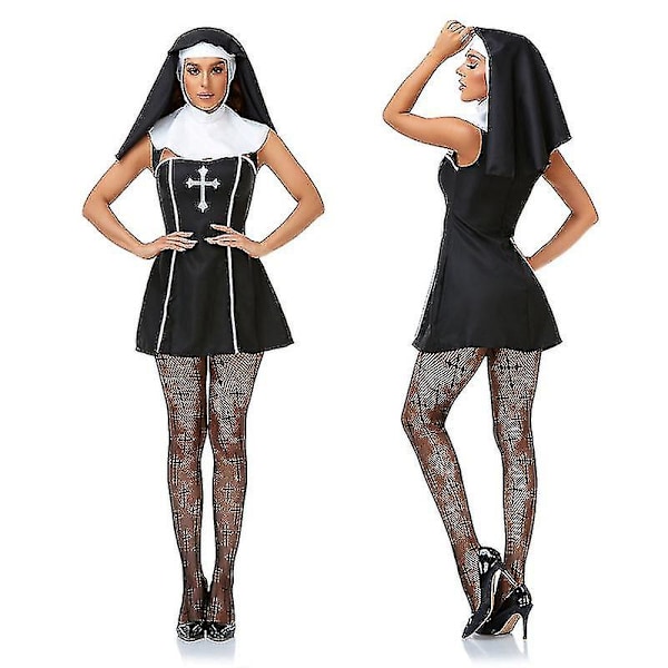 Sexiga nunnakostymer Vuxna kvinnor Halloweenfest Cosplay Dålig vana Nunnadräkt Kyrka Religiös syster Prydnadsklänning med svart huva-i M