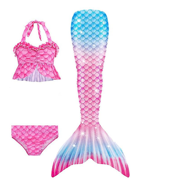 Sommarflicka sjöjungfru stjärt med monofin Halloween kostym prinsessa klänning baddräkt bikini badkläder för simning V 150cm(11-12T) 3PCS without fins19