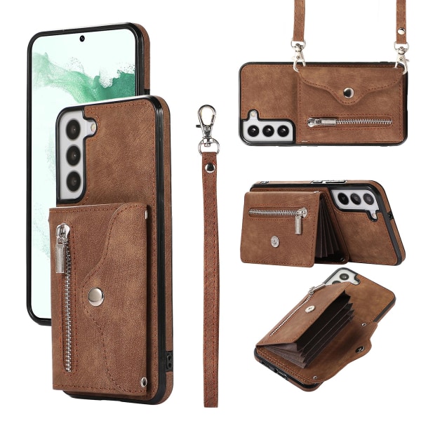 För Samsung Galaxy S22+ 5g Anti-fall phone case Rfid blockerande kortväska Pu Läder+tpu cover med stöd Brown