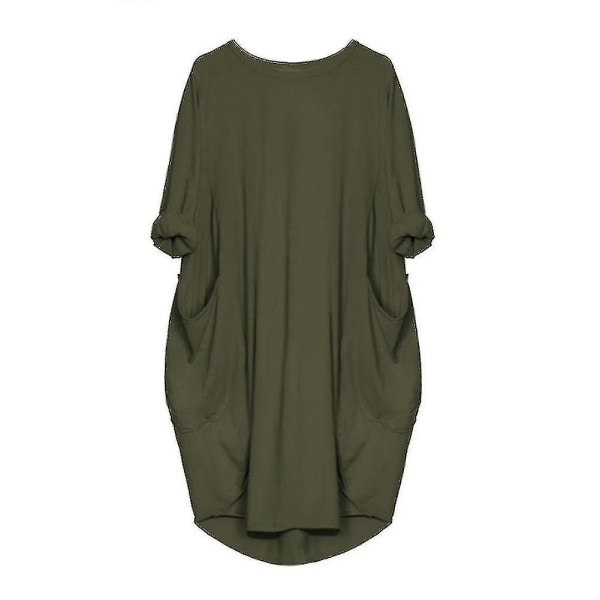 Kvinnor Plus Size Lång Eeve Lös Midi Klänning Med Ficka Army Green L