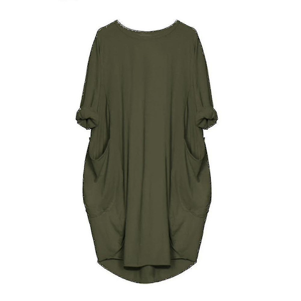 Kvinnor Plus Size Långärmad Lös Midiklänning Med Ficka Army Green 5XL